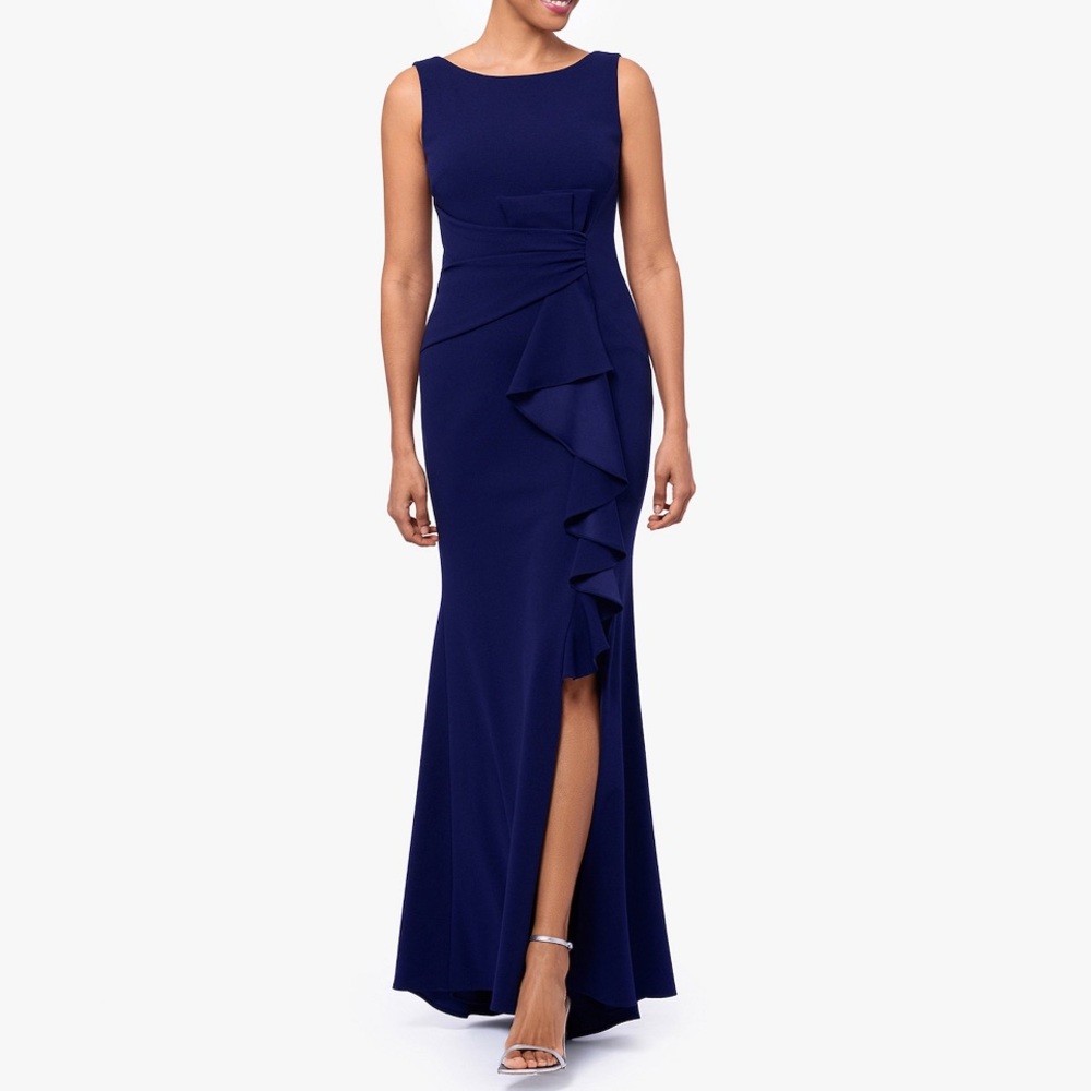Sleeveless ruffled bow gown